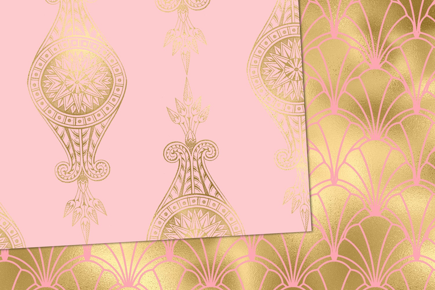 Pink and Gold Art Deco Digital Paper, Seamless Geometric Patterns ...