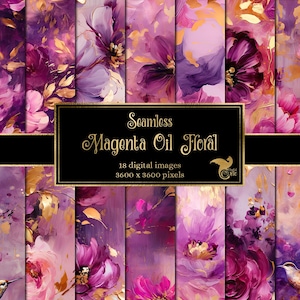 May include: A set of 18 digital seamless patterns featuring magenta and gold floral designs. The patterns are perfect for scrapbooking, card making, and other crafting projects.  Seamless Magenta Oil Floral, 18 digital images, 3600 x 3600 pixels.