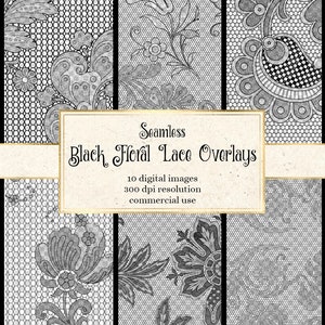 Schwarze florale Spitze Overlays, nahtlose schwarze gotische Spitzenmuster im PNG-Format sofortiger Download Spitze Clipart für kommerzielle Nutzung