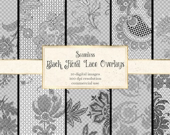 Black Floral Lace Overlays, seamless black Gothic lace patterns in PNG format instant download lace clipart for commercial use
