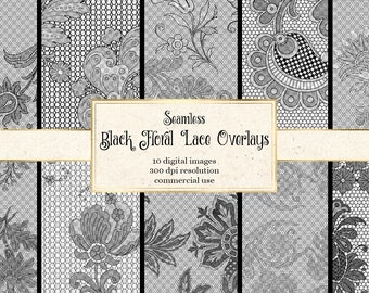 Black Floral Lace Overlays, Seamless Gothic Patterns (Digital Download)