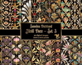 Distressed Floral Deco Digital Paper - Set 3 - seamless printable digital backgrounds for commercial use
