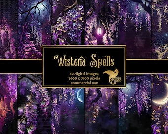 Wisteria Spells Digital Paper -  dark galaxy magic floral grunge textures printable scrapbook paper backgrounds instant download