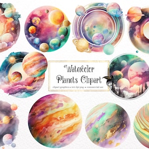May include: Watercolour clipart of planets in various colours and patterns. The planets are surrounded by clouds and stars. The text "Watercolour Planets Clipart" is in the centre of the image.