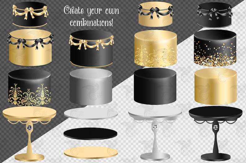 Black and Gold Cakes Clipart Digital Instant Download Cake Etsy