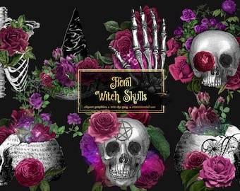 May include: A set of digital clip art graphics featuring floral arrangements with skulls. The skulls are in a vintage style and are adorned with roses in shades of purple and pink. The text "Floral Witch Skulls" is included in the image.
