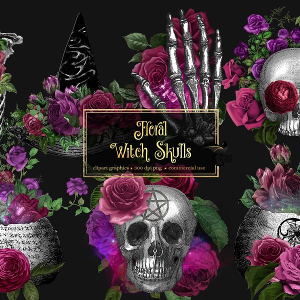 Floral Witch Skull Elements, antique illustrations of human skulls and flowers PNG clipart instant download for commercial use