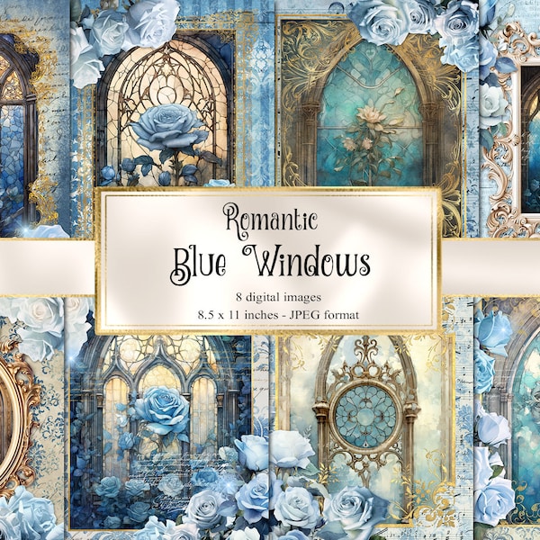 Romantic Blue Windows Journal Paper, cottagecore notebook digital paper rococo junk journal pages printable 8.5x11 inch instant download