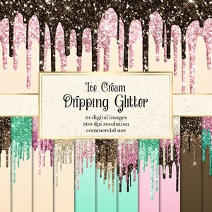 Ice Cream Dripping Glitter Digital Paper, printable backgrounds with glitter drips instant download scrapbook paper for commercial use