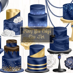Clipart di torte blu navy, grafica di clip art di torte con download istantaneo digitale in blu e oro per uso commerciale