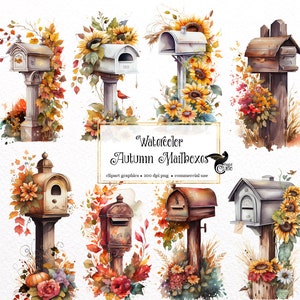 Aquarel herfst brievenbussen Clipart - schattige rustieke bloemen brievenbussen in PNG-formaat instant download voor commercieel gebruik