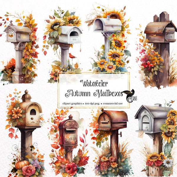 Watercolor Autumn Mailboxes Clipart - cute rustic floral post boxes in PNG format instant download for commercial use