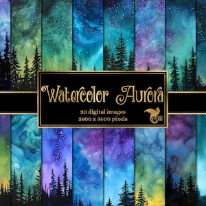 Aquarel Aurora Digital Paper - aquarel Aurora Borealis winternachtelijke hemelachtergronden met bossilhouetlandschappen