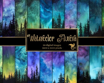 Watercolor Aurora Digital Paper - watercolour aurora borealis winter night sky backgrounds with forest silhouette landscapes