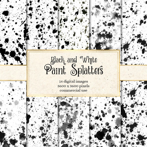 Schwarze und weiße Farbspritzer Digital Paper, druckbare Scrapbook Hintergründe mit Aquarell Paintball Spritzern für kommerzielle Nutzung