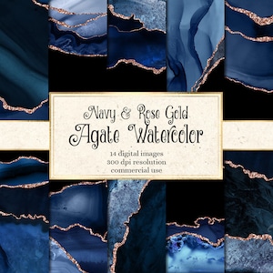 Marine und Rose Gold Achat Aquarell Texturen, druckbares digitales Scrapbook Papier für die kommerzielle Nutzung in Hochzeitseinladungen oder Webdesign