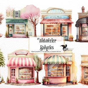 Watercolor Bakery Storefronts Clipart cute bakery shop cafe PNG format instant download for commercial use image 1