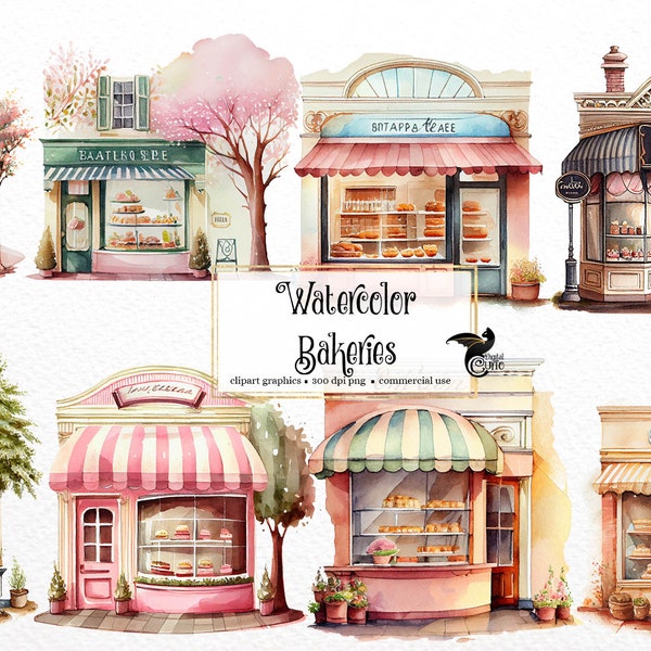 Watercolor Bakery Storefronts Clipart - cute bakery shop cafe PNG format instant download for commercial use