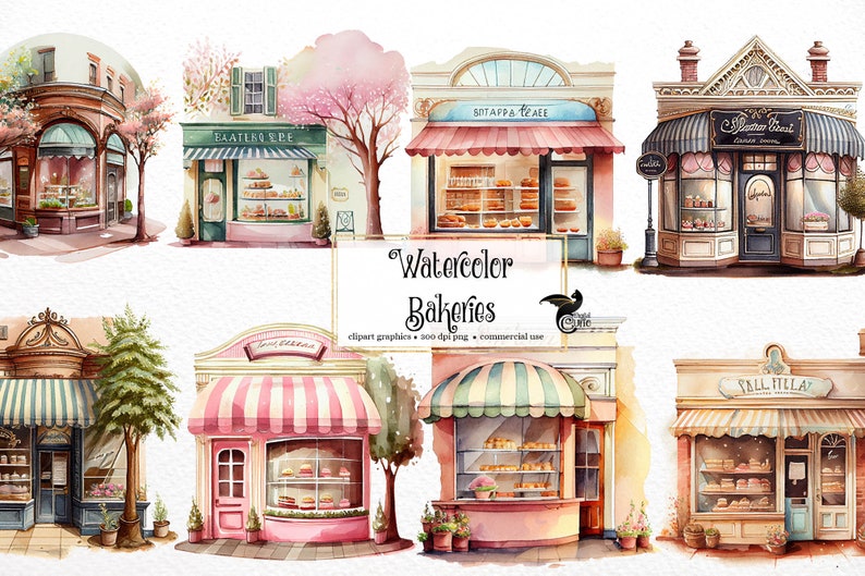 Watercolor Bakery Storefronts Clipart cute bakery shop cafe PNG format instant download for commercial use image 1