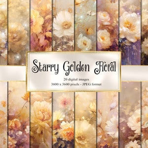 Starry Golden Floral Digital Paper, floral celestial digital paper fantasy scrapbook pages printable paper instant download