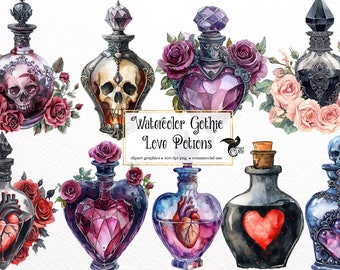 May include: Watercolor illustration of nine gothic love potion bottles with various designs, including skulls, hearts, and crystals. The bottles are surrounded by red and pink roses.