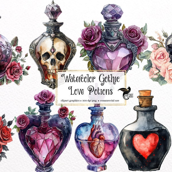 Watercolor Gothic Love Potions Clipart - watercolor Valentine magic potion bottles in PNG format instant download for commercial use