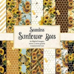 Tournesol abeilles papier numérique - or sans soudure abeille modèles imprimable scrapbook papier téléchargement instantané pour un usage commercial