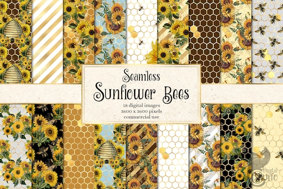 Download Sunflower Bees Digital Paper Seamless Gold Honey Bee Etsy