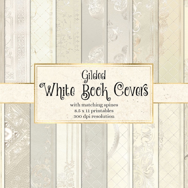 Gilded White Book Covers, printable decorative gilded book covers 8.5 x 11 instant download digital sheets for commercial use