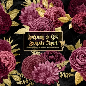 Burgundy and Gold Bouquets Clipart, digital instant download wine red and gold foil wedding flower png commercial use