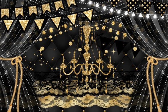 Black and Gold Party Decorations Clip Art With Frames and Banners