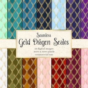 Gold Dragon Scale Digital paper, seamless scale patterns in gold and solid colors mermaid scales instant download for commercial use