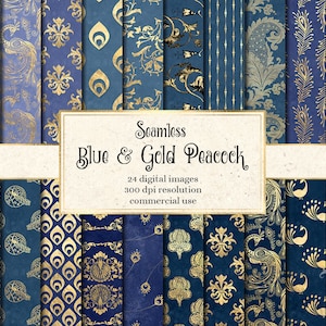 Papel digital de pavo real azul y dorado, patrones de pavo real de oro sin costura papel de álbum de recortes imprimible para uso comercial de diarios y planificadores