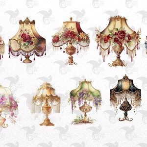 May include: Nine vintage-style table lamps with ornate bases and lampshades featuring floral patterns and beading. The lampshades are in various colors, including pink, blue, green, and cream.