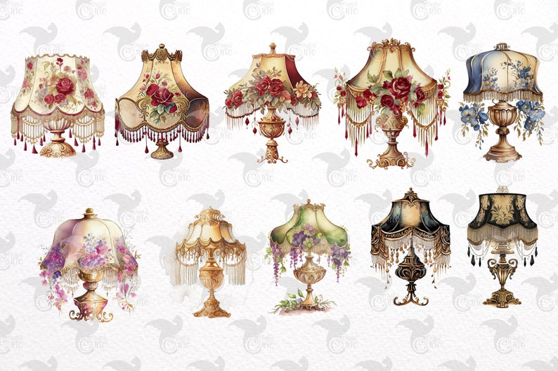 May include: Nine vintage-style table lamps with ornate bases and lampshades featuring floral patterns and beading. The lampshades are in various colors, including pink, blue, green, and cream.