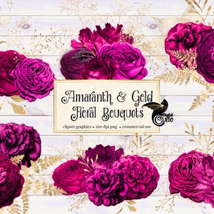 Amaranth and Gold Floral Bouquets Clipart, digital instant download magenta and gold foil wedding flower png embellishments commercial use
