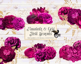 Amaranth and Gold Floral Bouquets Clipart, digital instant download magenta and gold foil wedding flower png embellishments commercial use