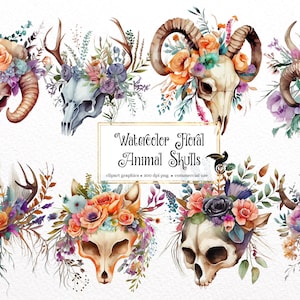 Watercolor Floral Animal Skulls Clipart - flower skulls watercolor in PNG format instant download for commercial use