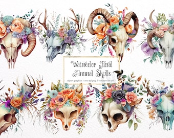 Watercolor Floral Animal Skulls Clipart - flower skulls watercolor in PNG format instant download for commercial use