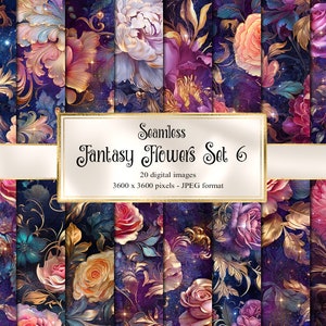 Fantasy Flowers Digital Paper, bezszwowe kwiaty do druku, tekstury farb olejnych do druku, papier do scrapbookingu - Zestaw 6