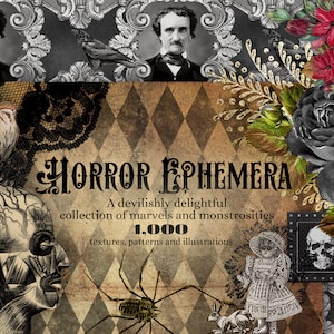 Puede incluir: Un collage digital que presenta una variedad de ilustraciones y texturas vintage, incluyendo un retrato en blanco y negro de Edgar Allan Poe, una rosa negra, una araña, una calavera y una ilustración vintage de una mujer con un vestido. El texto "HORROR EPHEMERA" se presenta en una fuente gótica. El texto "A devilishly delightful collection of marvels and monstrosities" se presenta debajo del título. El texto "1.000 texturas, patrones e ilustraciones" se presenta debajo de la descripción.