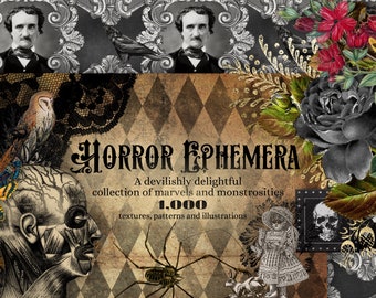 The Horror Ephemera Graphics Bundle, with over 1000 textures, clipart and patterns in high resolution Gothic digital paper and overlays