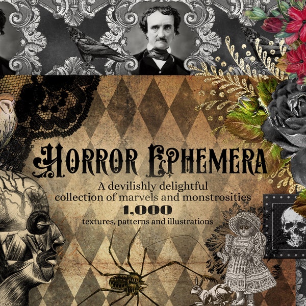 The Horror Ephemera Graphics Bundle, with over 1000 textures, clipart and patterns in high resolution Gothic digital paper and overlays