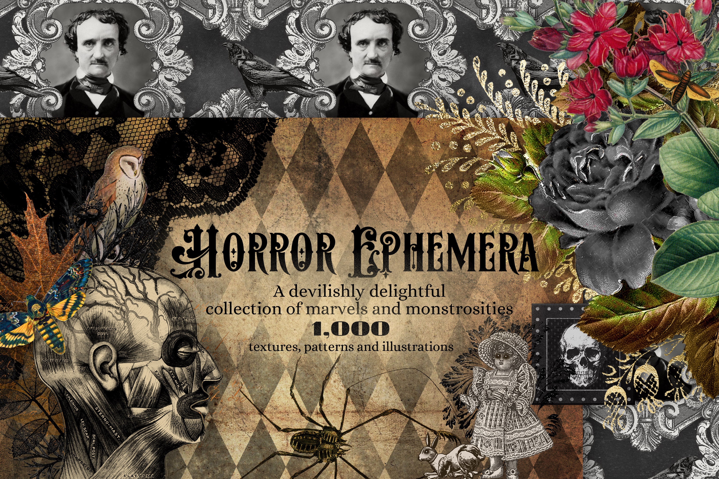 The Horror Ephemera Graphics Bundle, with over 1000 textures, clipart and patterns in high resolution Gothic digital paper and overlays