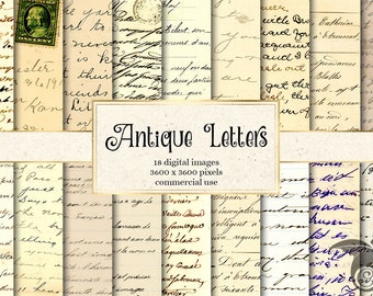 Puede incluir: Un collage de 18 imágenes digitales con letras antiguas escritas a mano en varios estilos y colores. Las imágenes son de 3600 x 3600 píxeles y son para uso comercial. El texto "Antique Letters" se muestra en una fuente decorativa.