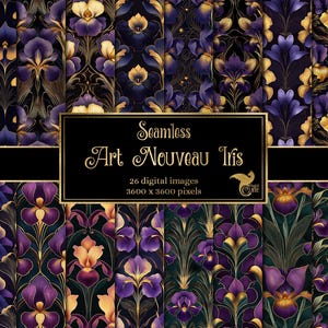 May include: Seamless Art Nouveau Iris digital images. The design features a repeating pattern of stylized irises in shades of purple, gold, and dark green. The text on the image reads "Seamless Art Nouveau Iris" and "26 digital images 3600 x 3600 pixels".
