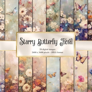 Sternenhimmel Schmetterling Floral digitales Papier, Frühling himmlische digitale Papier Fantasy Scrapbook Seiten druckbare Papier sofortiger download