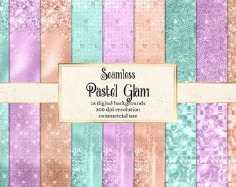 May include: A set of 18 digital seamless patterns featuring pastel colours and glitter textures. The patterns are perfect for adding a touch of glam to your designs. Seamless Pastel Glam 18 digital backgrounds 300 dpi resolution commercial use