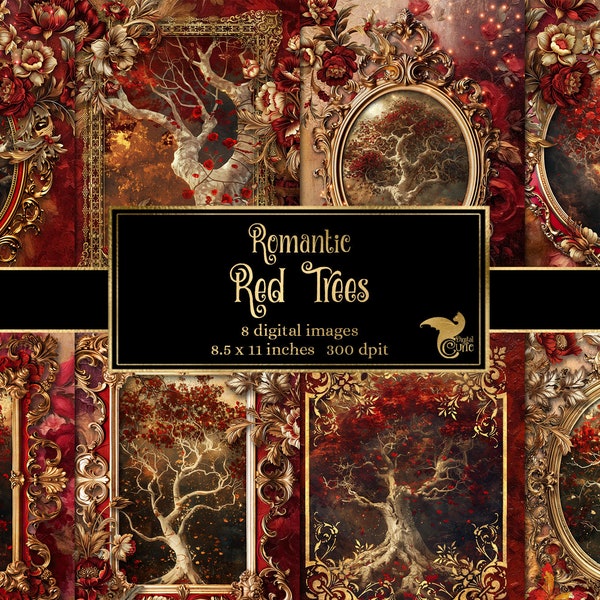 Romantic Red Trees Journal Paper, notebook digital paper rococo fantasy junk journal pages printable 8.5x11 paper instant download