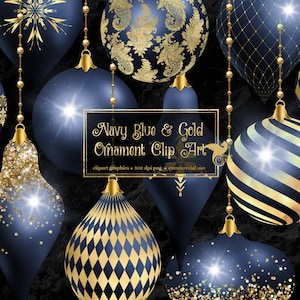 Navy Blue and Gold Christmas Ornaments Clipart, digital glitter Christmas ball ornament clip art in png format for commercial use